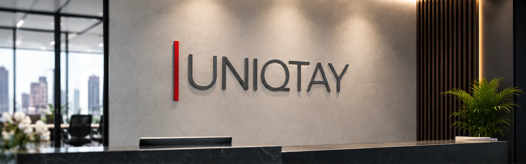 Reception area with the uniqtay logo on the wall